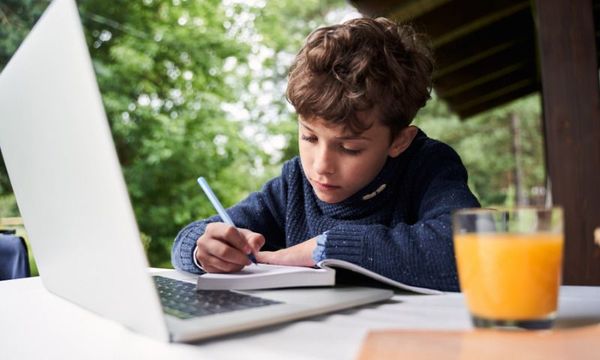 Draußen lernen: Junge sitzt mit Laptop und Buch im Freien