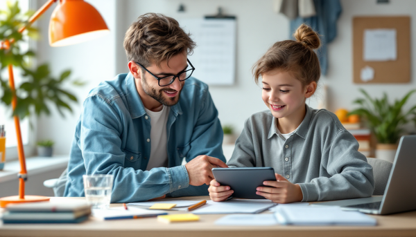 Eltern und Teenager am Schreibtisch mit Lernmaterialien — Lernroutine für den Schulstart 2025